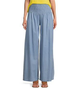 Smocked Waist Wide Leg Cotton Denim Pants | Dillard's