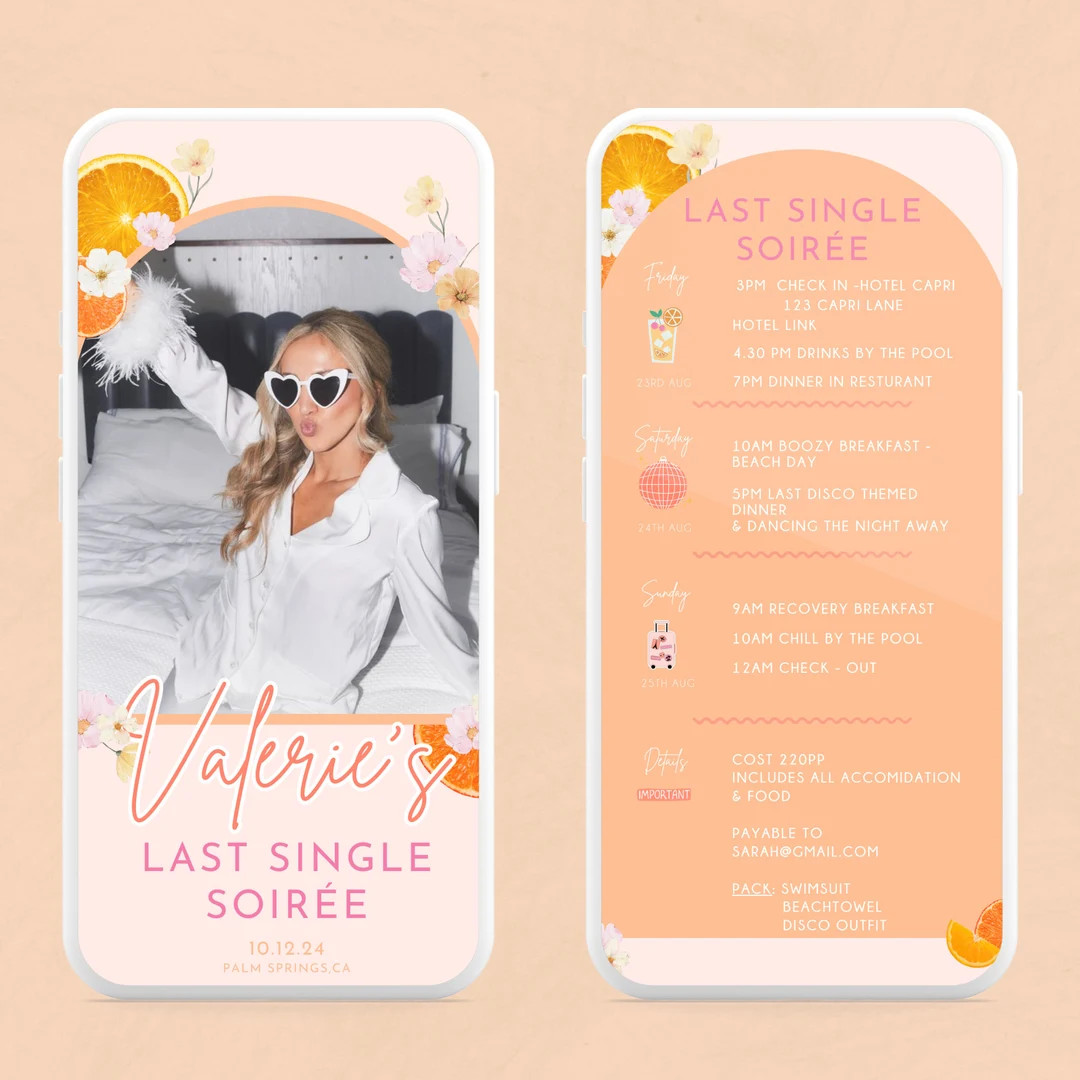 Last Single Soiree Bachelorette Invitation Feeling Spritzy Invitation Garden Party Bachelorette C... | Etsy (US)
