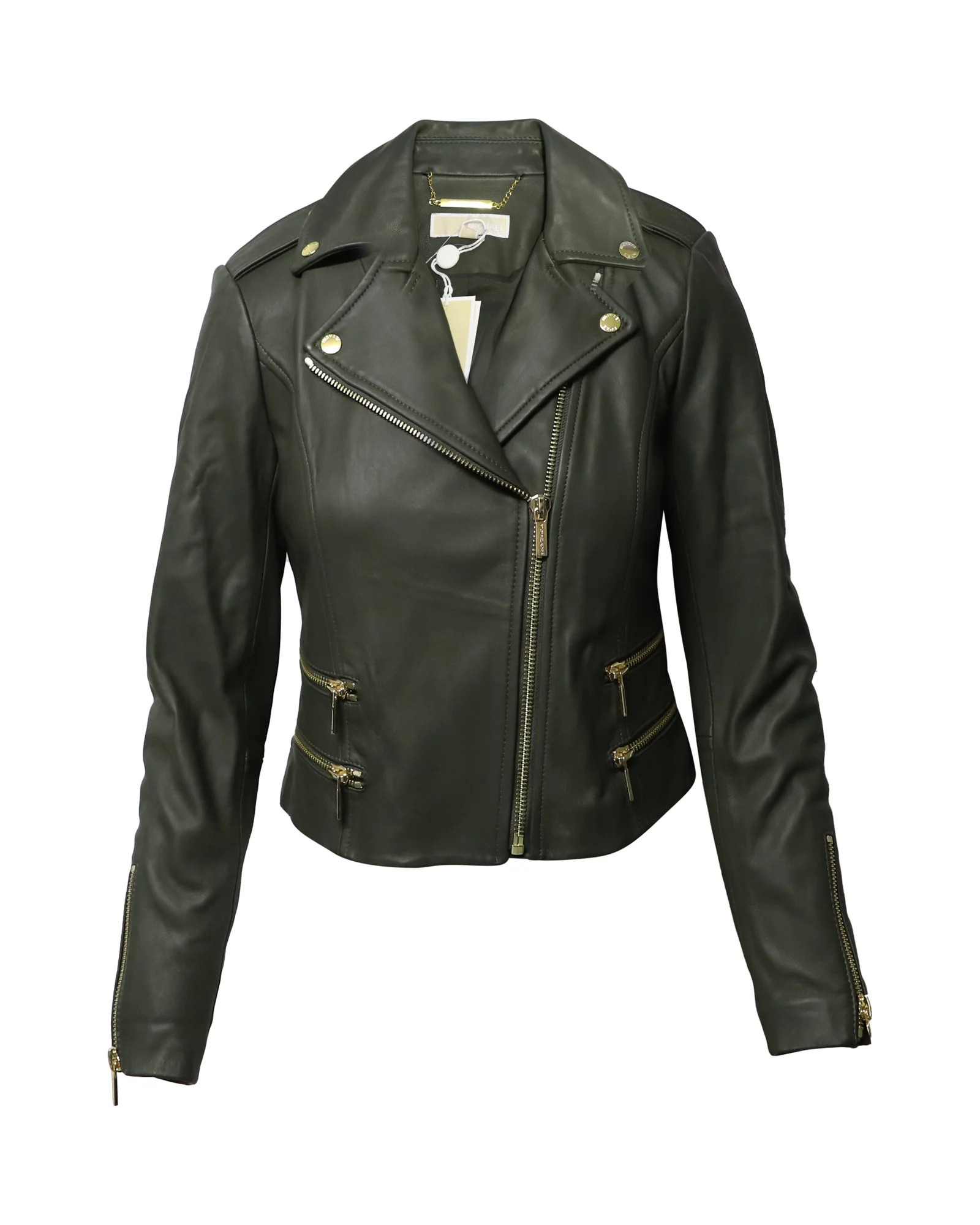 Michael Kors Biker Jacket in Army Green Leather | Shop Simon