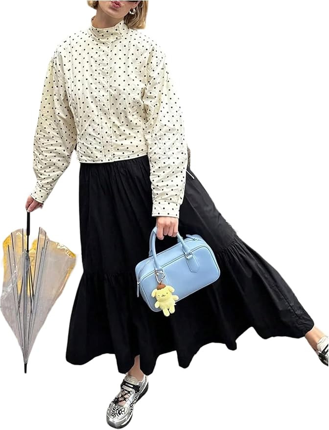 Milumia Women's Polka Dots Print Zip Front Jacket Mock Neck Long Sleeve Loose Coats | Amazon (US)