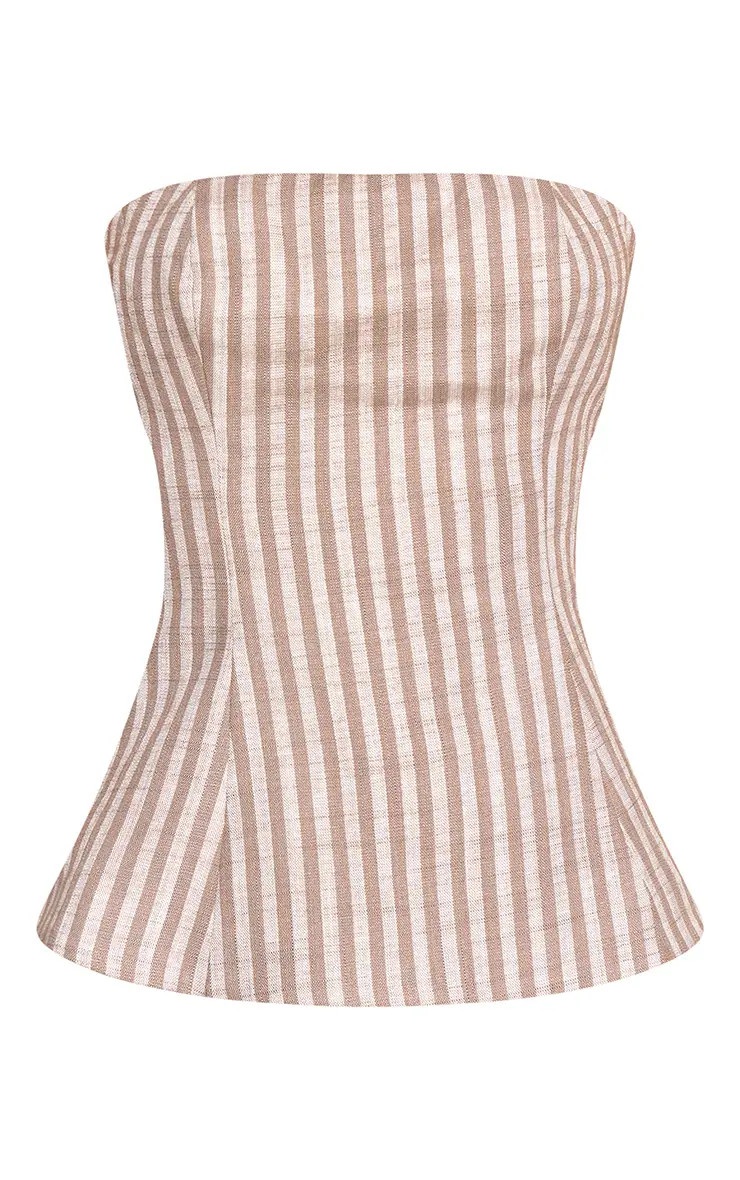 Mocha Stripe Linen Bandeau Peplum Top | PrettyLittleThing US