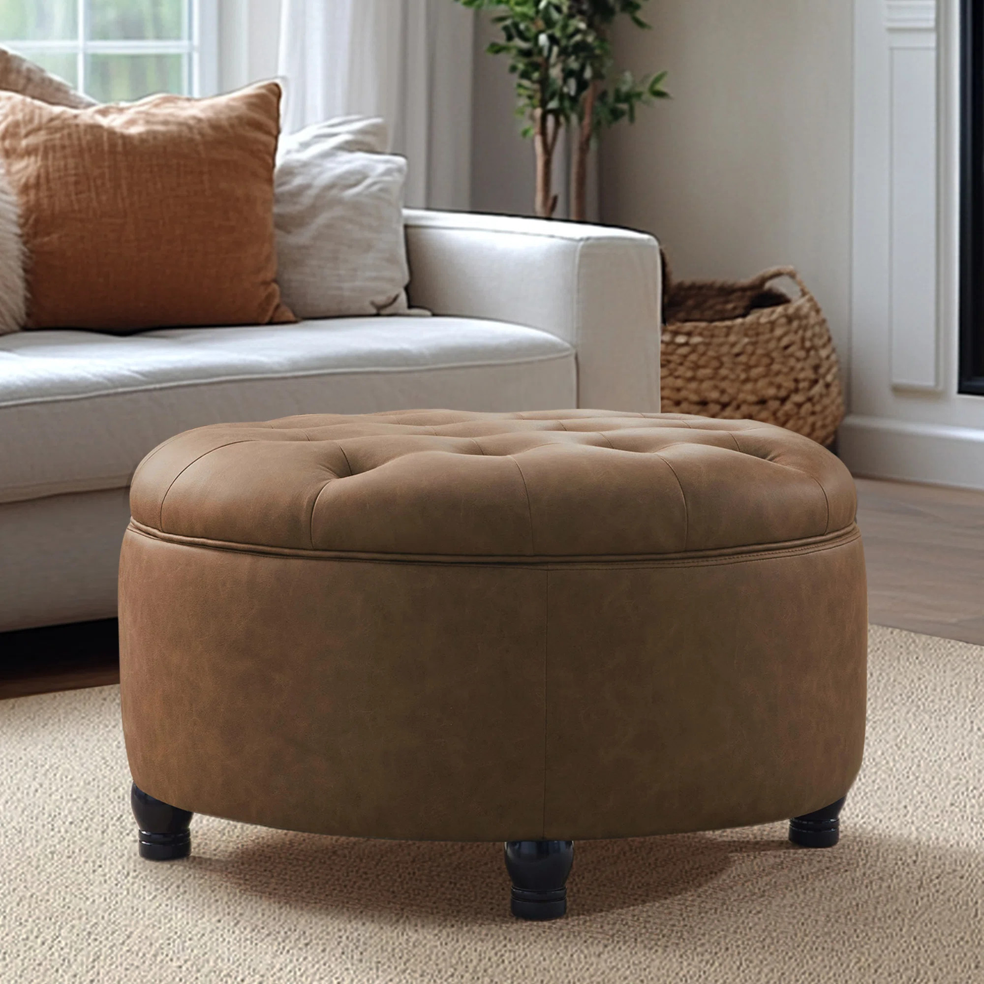 Dimitrika 30'W Faux Leather Tufted Round Storage Ottoman | Wayfair North America