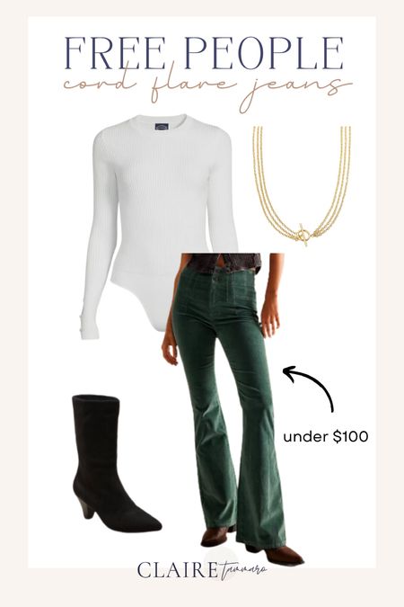 Free People cord flare jeans in green huntress (mine arrive next week cannot wait) white bodysuit from Walmart, black boots from Target, gold necklace from Uncommon James 💛

#LTKmidsize #LTKfindsunder100 #LTKstyletip