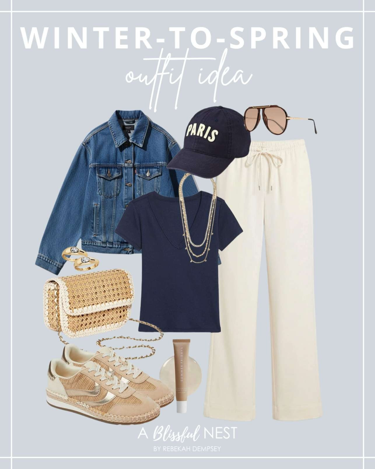 Easy layers that carry you from chilly mornings into warmer afternoons. Shop the look.

gold ring, navy blue baseball hat, straw caning crossbody bag, lip butter balm, oversized aviator sunglasses, v neck crop t shirt, cream pants, denim jacket, Tate waterproof necklace, women’s Ryker flats 

 #LTKootd #LTKSeasonal #LTKMidsize