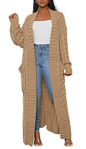 Floor Length Cardigans for Women Cardigan Sweaters Long Sleeve Stylish Duster Oversized Cable Knit Dual Pocket Coat Plus Size Khaki | Amazon (US)