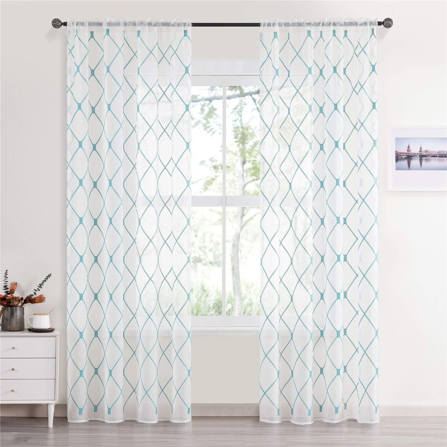 Top Finel White Sheer Curtains 84 Inches Length for Living Room Bedroom Teal Diamond Embroidered ... | Amazon (US)