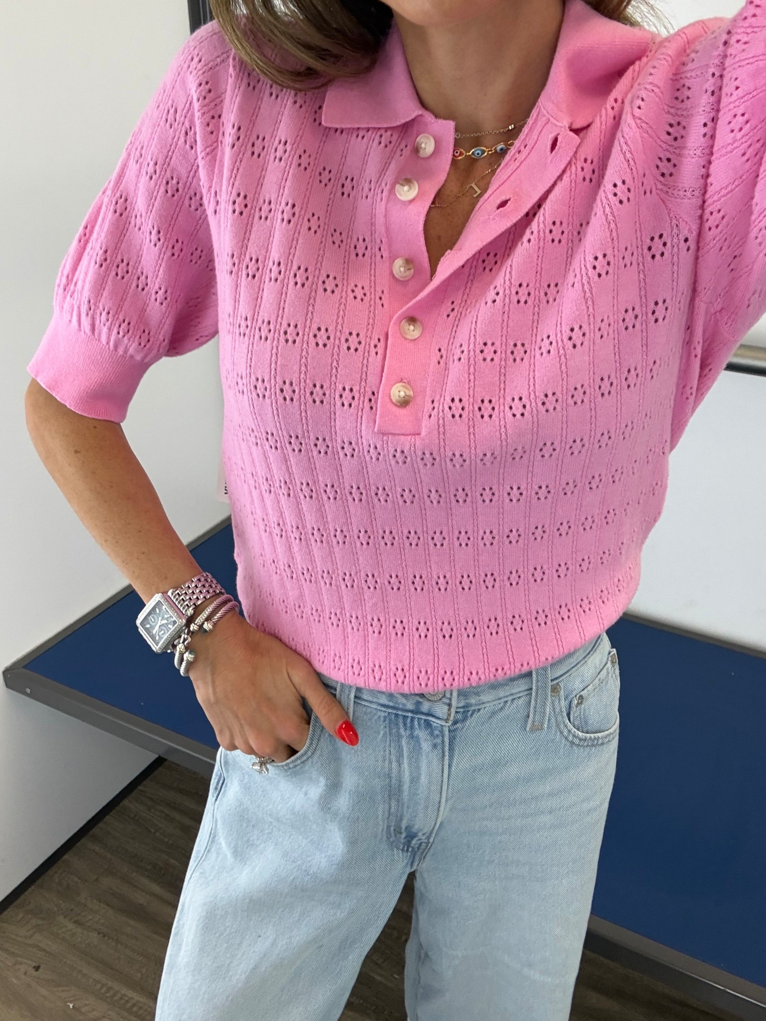 Adorable pink collared sweater is 50% off! Wearing xs 

#LTKSaleAlert #LTKPetite