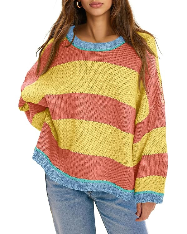 Fisoew Womens Oversized Sweaters Casual Long Sleeve Striped Color Block Crewneck Knitted Loose Fa... | Amazon (US)