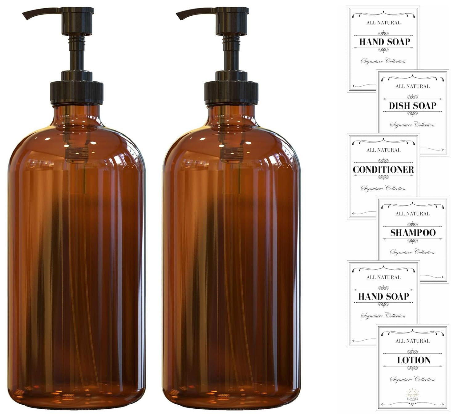 16 OZ Thick Amber Glass Soap Dispenser with Plastic Pump 2 Pack, Hand and Dish Soap Dispenser Set... | Amazon (US)