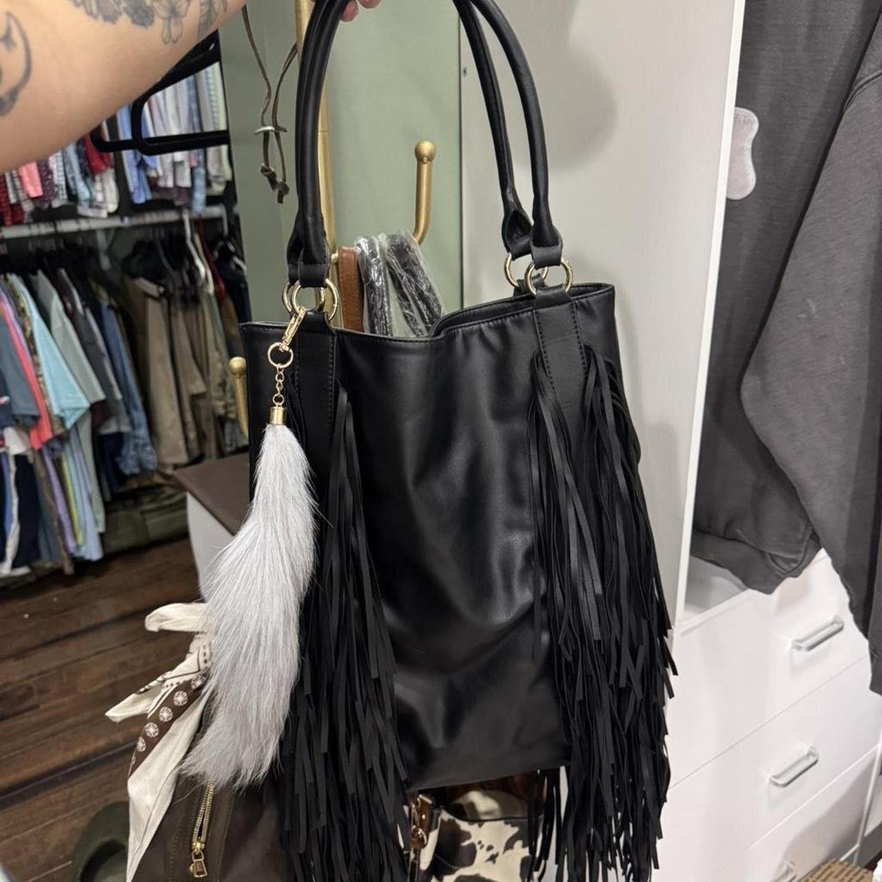 Urban Originals Black faux leather fringe bag with... | Depop | Depop US
