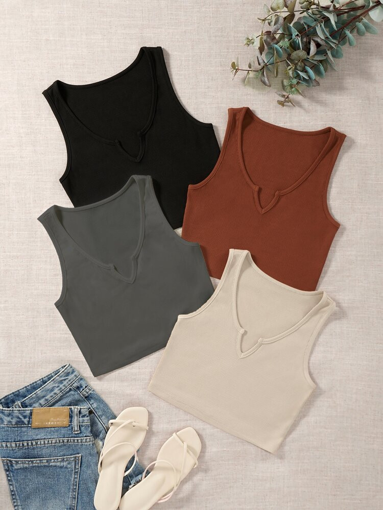 4pcs Solid Notched Tank Top | SHEIN