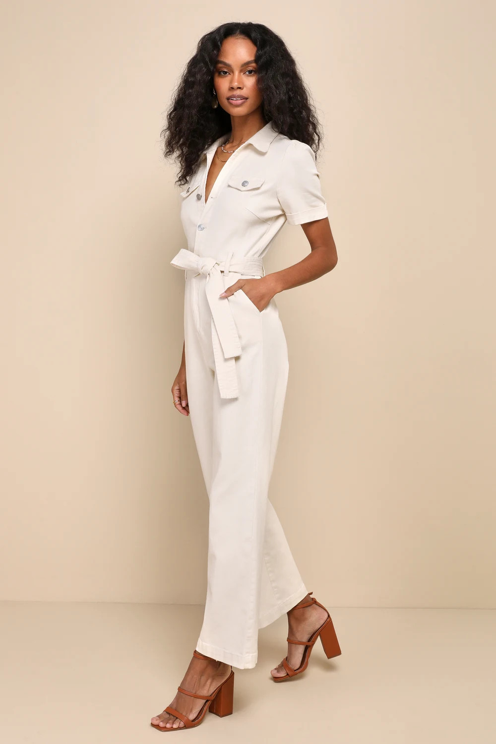 Practical Perfection Ivory Twill Short Sleeve Jumpsuit | Lulus