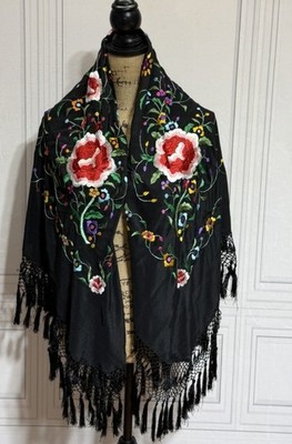 Embroidered Piano Shawl Wrap Flamenco Floral  Black Fringe | eBay US