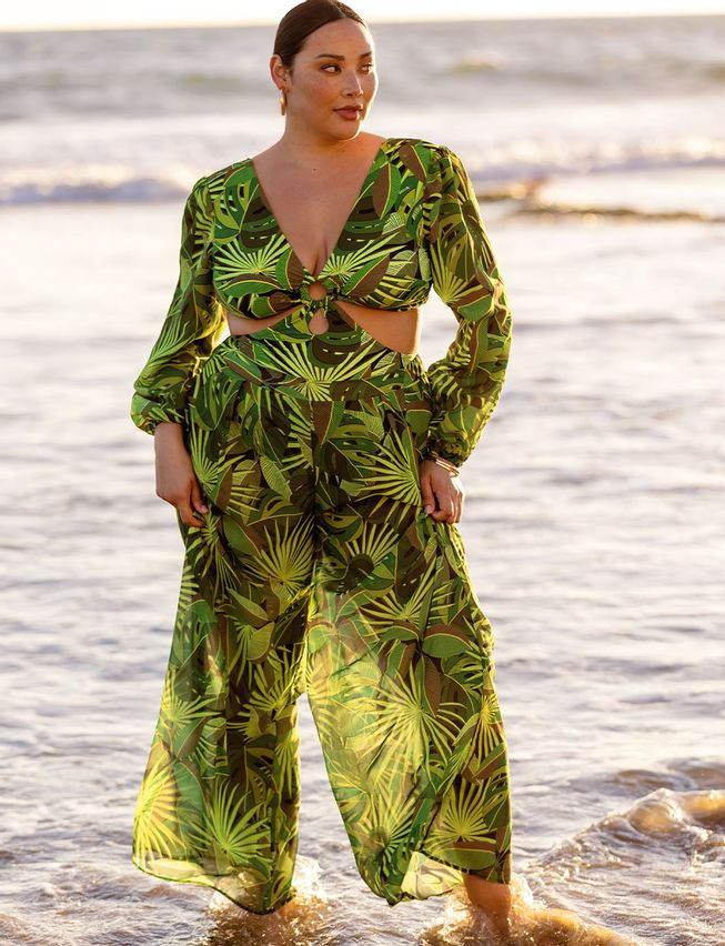 Printed Wide Leg Coverup Pant - Palm Life | Eloquii