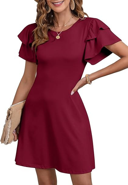 Dokotoo Women 2024 Summer Ruffle Edge Sleeve Dresses Floral Casual Beach Mini Dress with Pocket | Amazon (US)