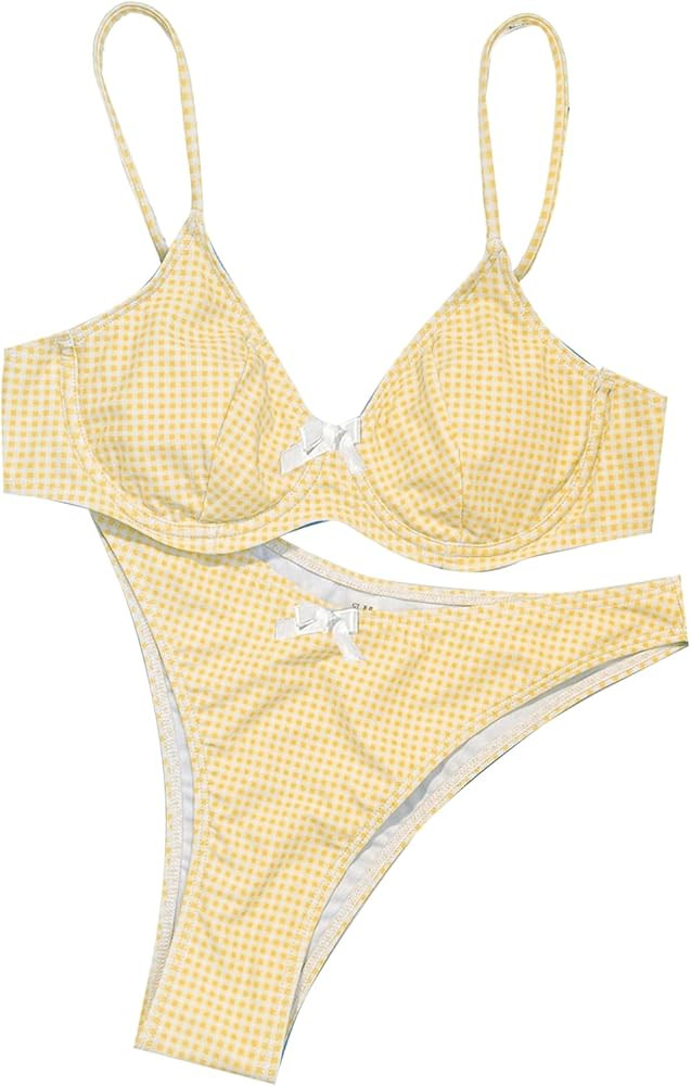 SweatyRocks Women's 2 Piece Bikini Set Plaid Bowknot Gingham Bikini Swimsuit High Cut Cute Bikini | Amazon (US)