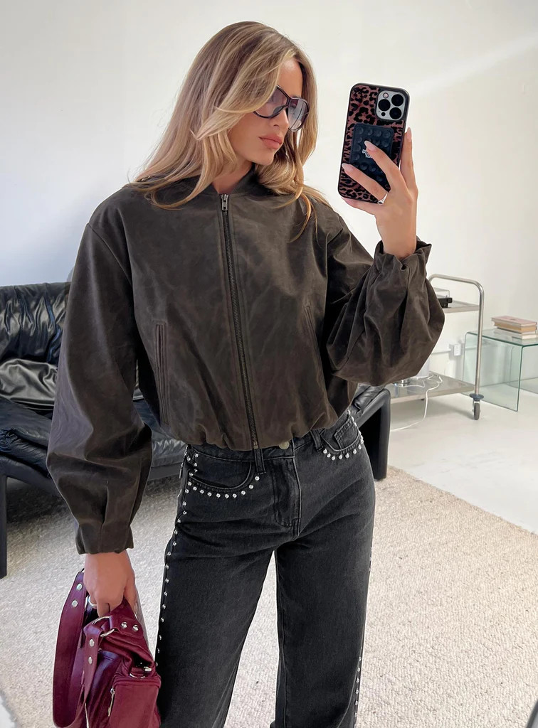 Mastery Faux Suede Bomber Jacket Charcoal | Princess Polly US