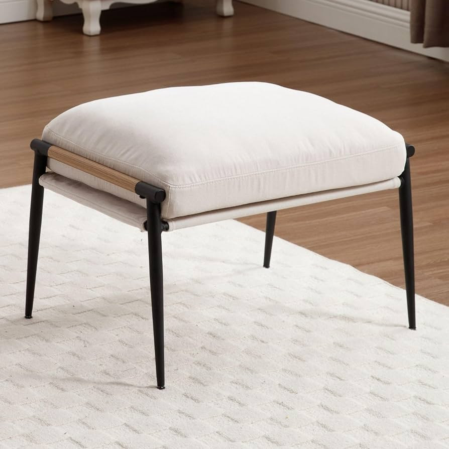 LukeAlon Upholstered Chenille Footstool, Modern Ottoman Footrest Small Shoe Stool with Black Meta... | Amazon (US)