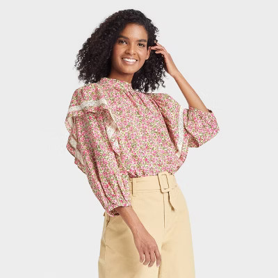 Women's Ruffle 3/4 Sleeve Lace Trim Blouse - Who What Wear™ Floral | Target
