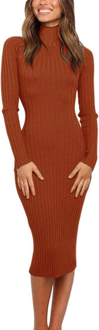 Women's Ribbed Long Sleeve Sweater Dress High Neck Slim Fit Knitted Midi Dress | Amazon (US)