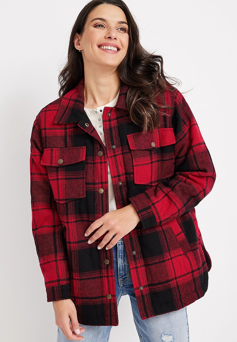 Buffalo Plaid Quilted Snap Button Puffer Coat | Maurices