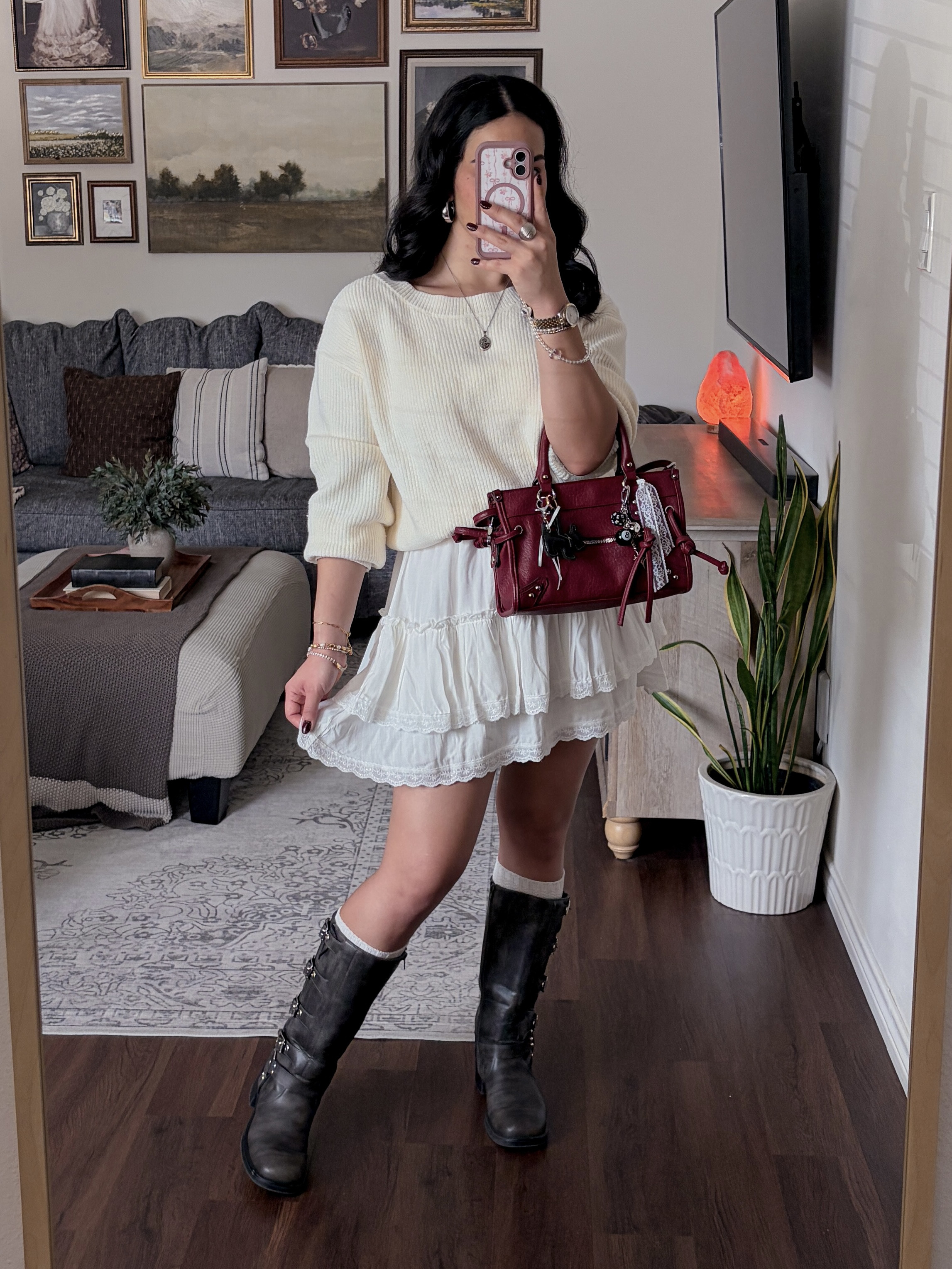 soft neutrals + a pop of burgundy 🥀 fall outfit, fall outfit ideas, fall fashion, fall style, cute fall outfits, cozy fall outfit, feminine fall outfit, romantic fall outfit, preppy fall outfit, cream sweater outfit, ivory sweater, sweater and skirt outfit, mini skirt outfit, white mini skirt, white skirt outfit, tiered skirt outfit, lace skirt outfit, black knee high boots, knee high boots outfit, black boots outfit, tall boots outfit, burgundy handbag, burgundy purse, burgundy bag, cozy chic outfit, feminine style, classic fall style, autumn outfit ideas, fall fashion inspiration, casual fall outfit, cute casual outfit, weekend outfit, date night outfit, fall wardrobe, fall outfit inspiration, neutral fall outfit, soft feminine outfit, preppy outfit, layered fall outfit, transitional weather outfit, everyday fall outfit, fall aesthetic outfit  

 #LTKdayinmylife #LTKgrwm #LTKootd