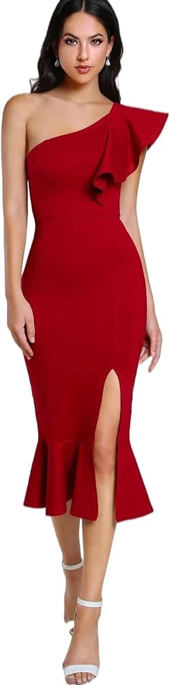 MakeMeChic Women's One Shoulder Sleeveless Ruffle Hem Split Cocktail Party Dress | Amazon (US)