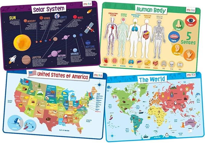 merka Kids Placemats Educational Placemat Non Slip Explorer Set Solar System Human Body USA World... | Amazon (US)