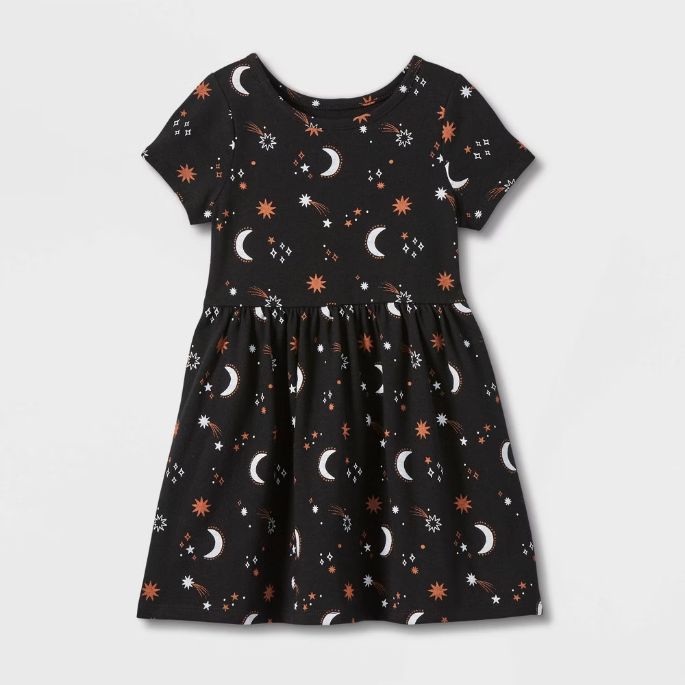 Toddler Girls' Moon and Stars Short Sleeve Knit Dress - Cat & Jack Black 12M | Target