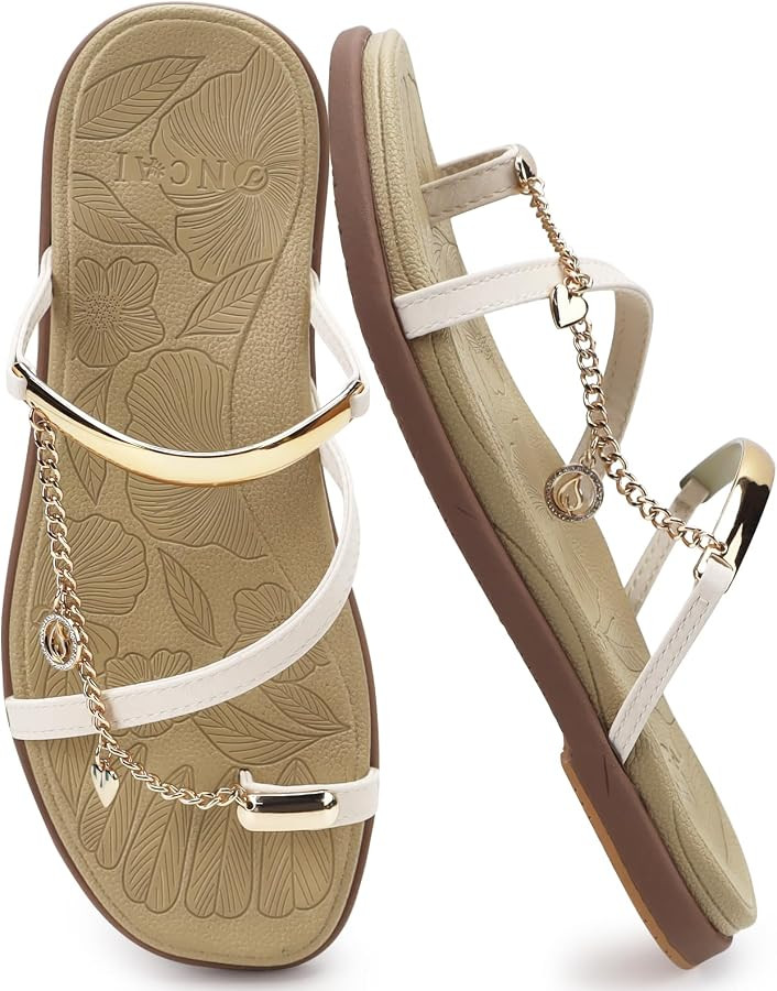 ONCAI Womens Flat Slides Sandals Toe loop Strappy Square Open Toe Fashion Essentials Sandal for W... | Amazon (US)