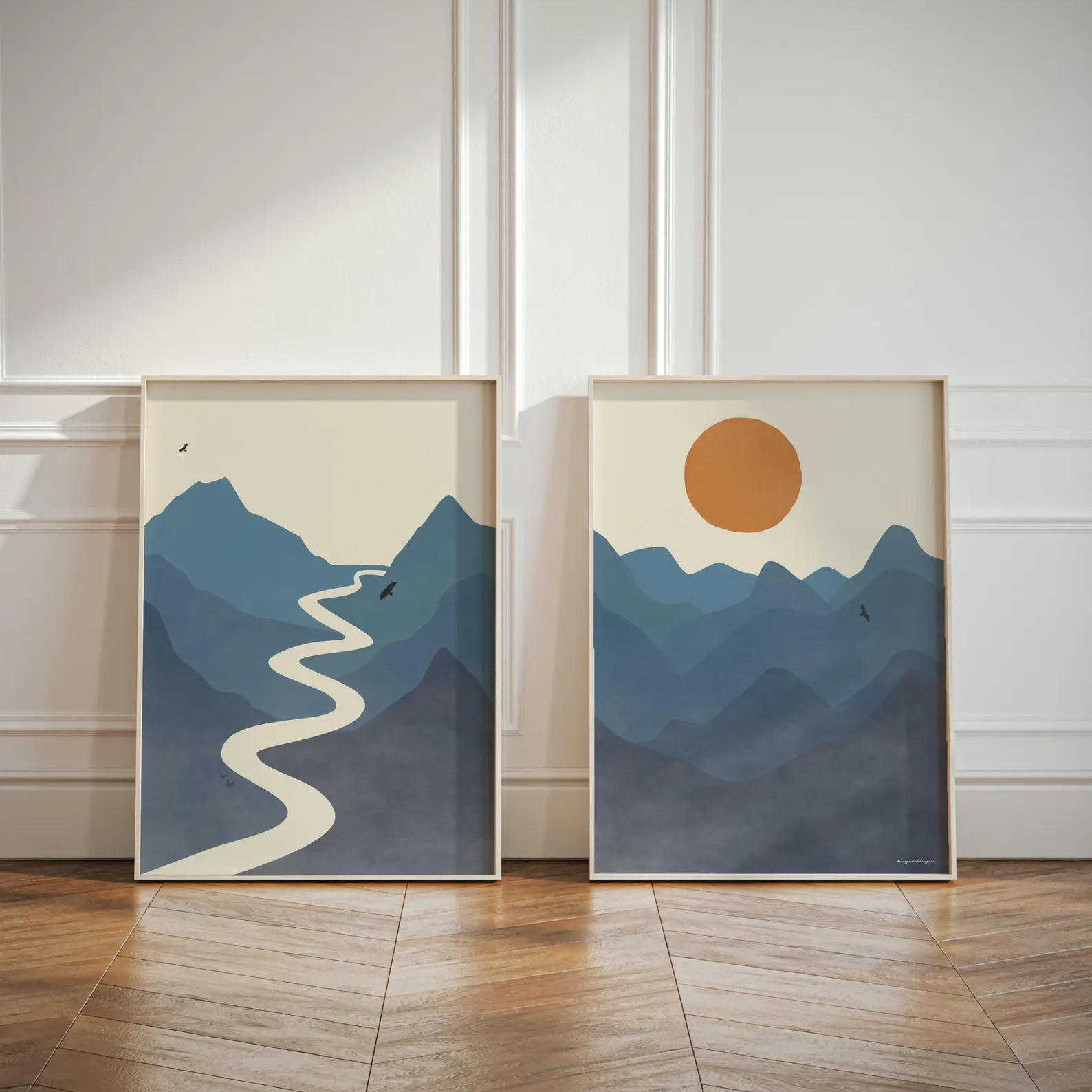 Blue Bohemian Mountains and River Wall Art | Set of 2 Prints | Abstract Landscape Artwork Set of ... | Etsy (Global)
