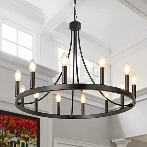 LynPon Black Wagon Wheel Chandelier, 12 Lights Rustic Farmhouse Dining Room Light Fixtures, Diam 27 Inch Round Chandeliers Industrial Hanging Light Fixture for Living Room Kitchen Foyer Entryway | Amazon (US)