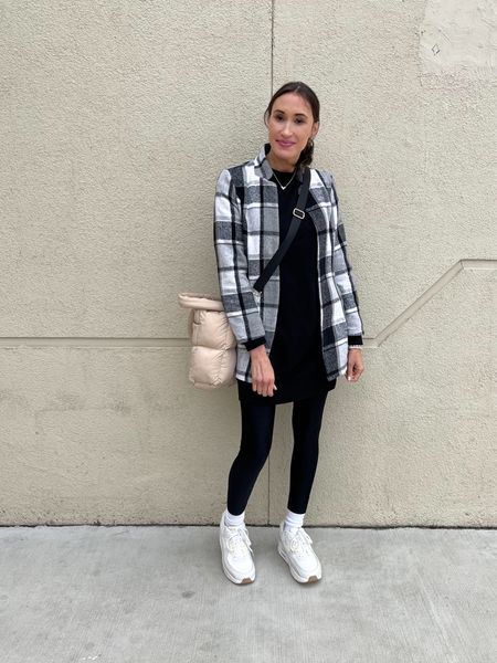 Early spring outfit. Sweatshirt dress, plaid shacket, puffer bag, platform Nike sneakers 

#LTKfindsunder100 #LTKover40 #LTKstyletip