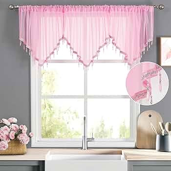 WUBODTI Pink Valance Curtains 3 Pcs for Girls Room Windows, Rod Pocket Beaded Trim Tassel Semi Sh... | Amazon (US)