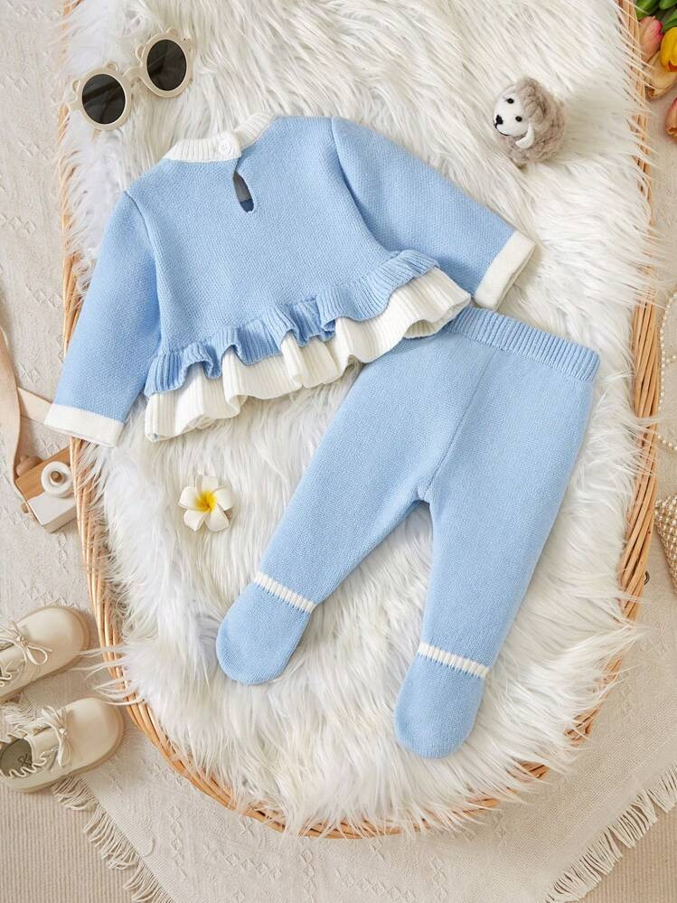 SHEIN 2pcs Baby Girls Fashion Casual Cute & Cloud Pattern Long Sleeve Round Neck Blue Knitted Swe... | SHEIN