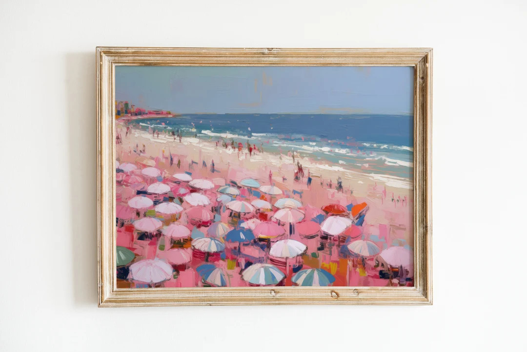 Vintage Beach Print Abstract Coastal Painting Girly Apartment Decor Pink Printable Wall Art - Ets... | Etsy (US)