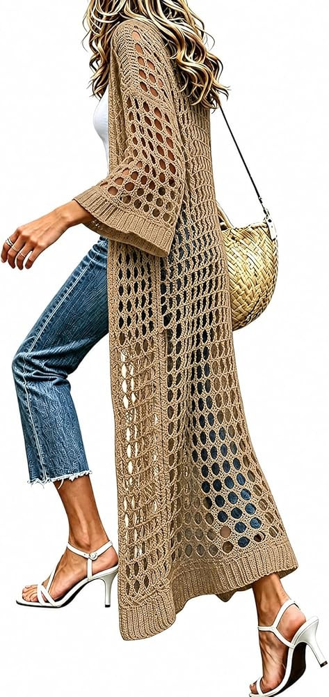 Cardigan Sweaters for Women Crochet Lightweight Summer 3/4 Sleeve Kimonos Long Knit Open Front | Amazon (US)