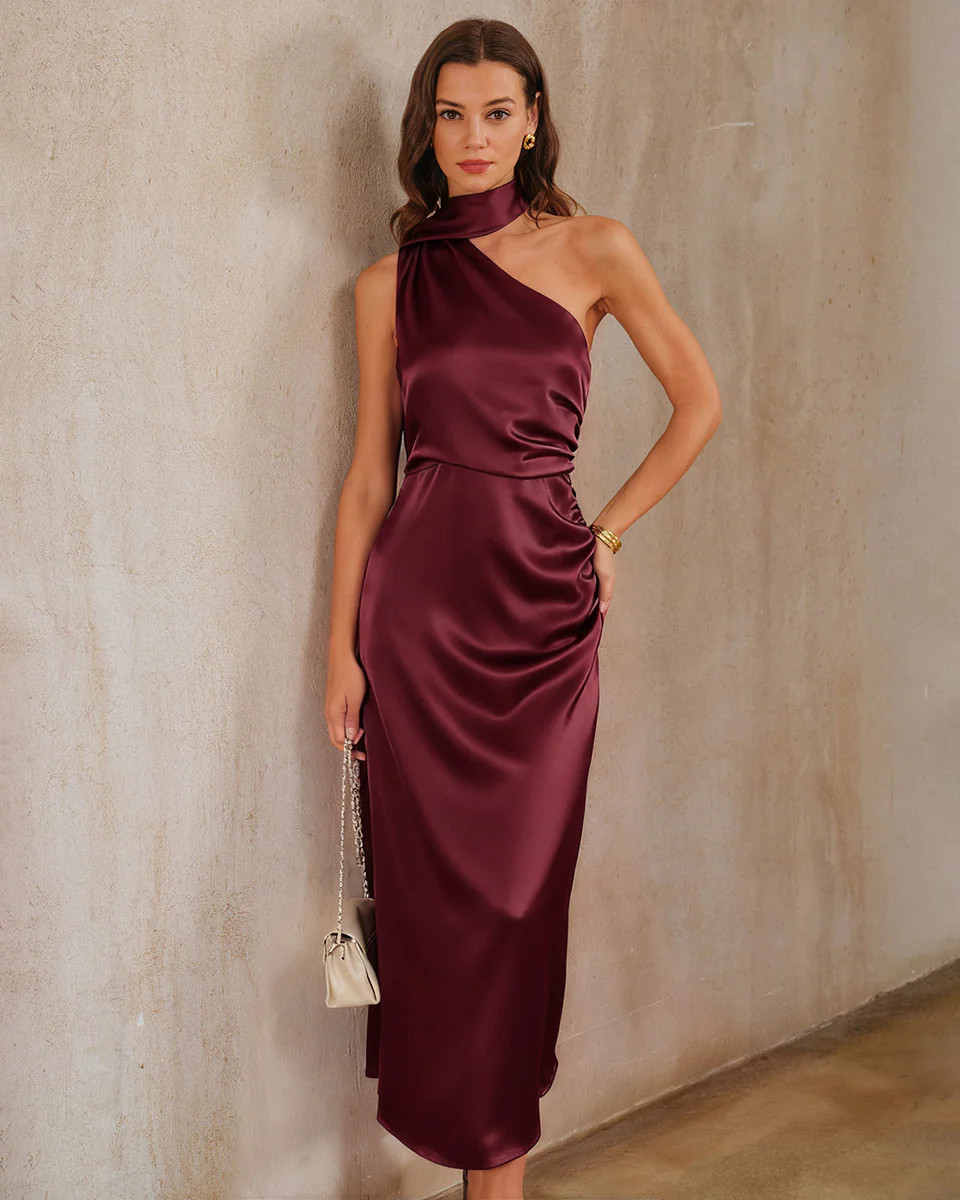 Wine Red Satin One Shoulder Maxi Dress | rihoas.com