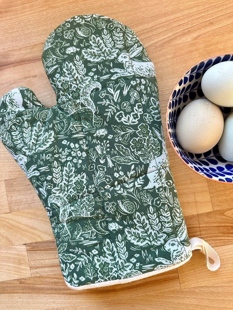 Oven Mitt, Dark Green and Light Blue, Wildwood Fable From Rifle Paper Co, Rabbits and Flowers - E... | Etsy (US)