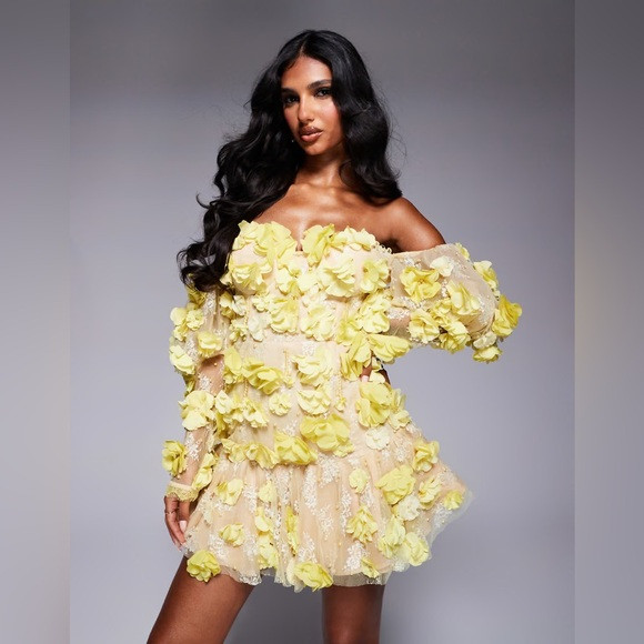 ASOS LUXE 3D floral embellished off shoulder puff sleeve mini dress | Poshmark