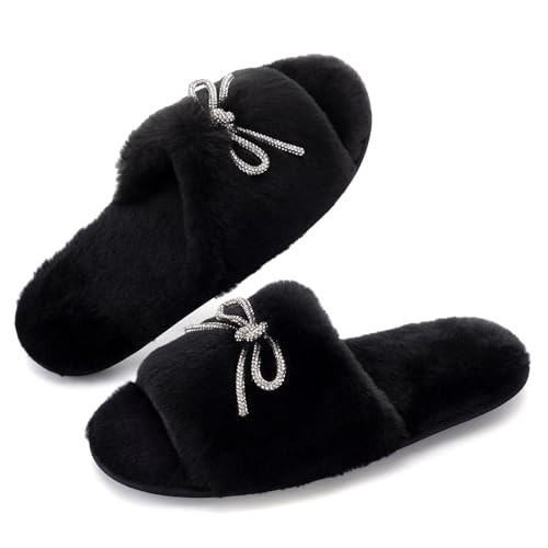 ULTRAIDEAS Women's Fuzzy Rhinestone Bowknot Open-Toe Slippers, Bride and Bridesmaid Slides for Wedding and Bachelorette Party (Black, Size 11) | Amazon (US)