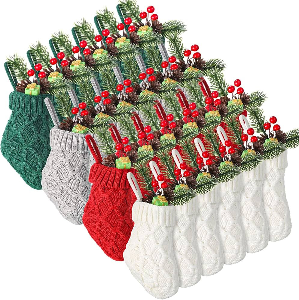 Geyoga 24 Pieces Mini Christmas Knit Stockings 6 Inch Cable Knitted Stockings Bulk Xmas Hanging O... | Amazon (US)