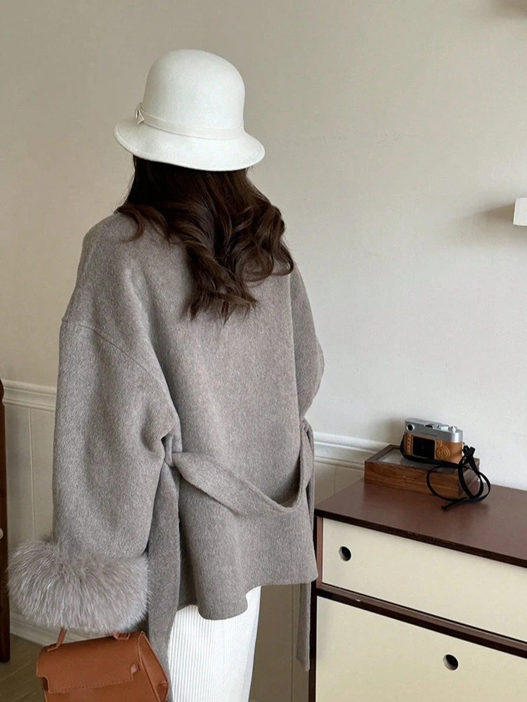Women's Double-Faced Faux Fur Patchwork Woolen Coat – Shawl Collar, Belted, Classi & Casual For Autumn/Winter. | SHEIN