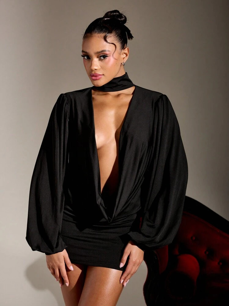 MISSGUIDED Boho Solid Deep V Plunge Cowl Neck Ruffle Balloon Sleeve Mini Dress | SHEIN