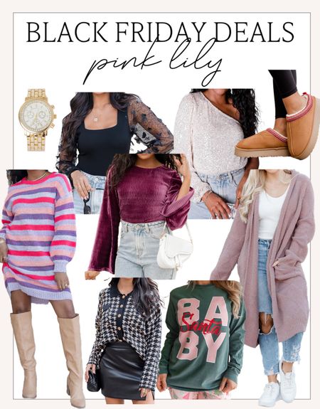 Black Friday deals at Pink Lily! 

#blackfriday 

Pink lily style. Black Friday deals. Pink lily Black Friday deals. Colorful striped sweater dress. Holiday style. Santa baby graphic top. Oversized cozy cardigan. UGG inspired platform slippers. designer inspired watch  

#LTKstyletip #LTKHoliday #LTKCyberWeek