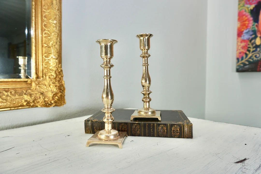 Brass Footed Square Base Candlestick Holders Marked, Solid Brass Candlesticks | Etsy (US)