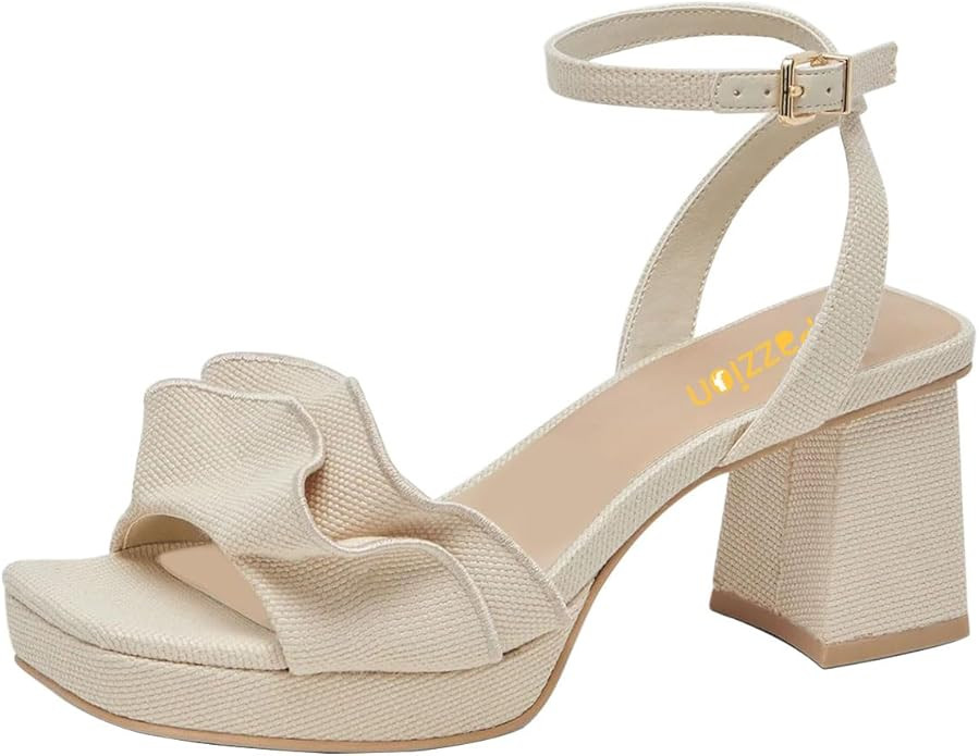 Pazzion Women's Platform Square Toe Pleated Ruffle Sandals Chunky High Heels Strap Buckle Pumps S... | Amazon (US)