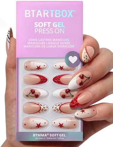 BTArtbox Press On Nails Almond - 3D Cherry Medium Red French Tip Press On Nails with Glue for Wom... | Amazon (US)