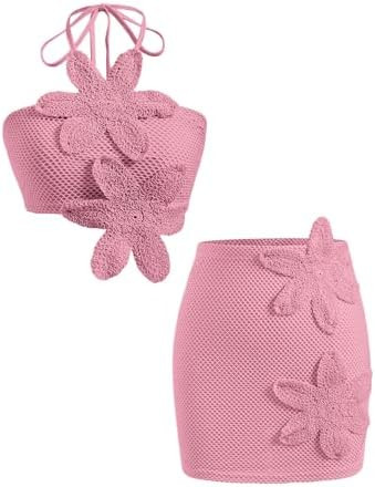 Women's 2 Piece Crochet Outfits 3D Floral Backless Halter Crop Top and Mini Knit Skirt Beach Vaca... | Amazon (US)