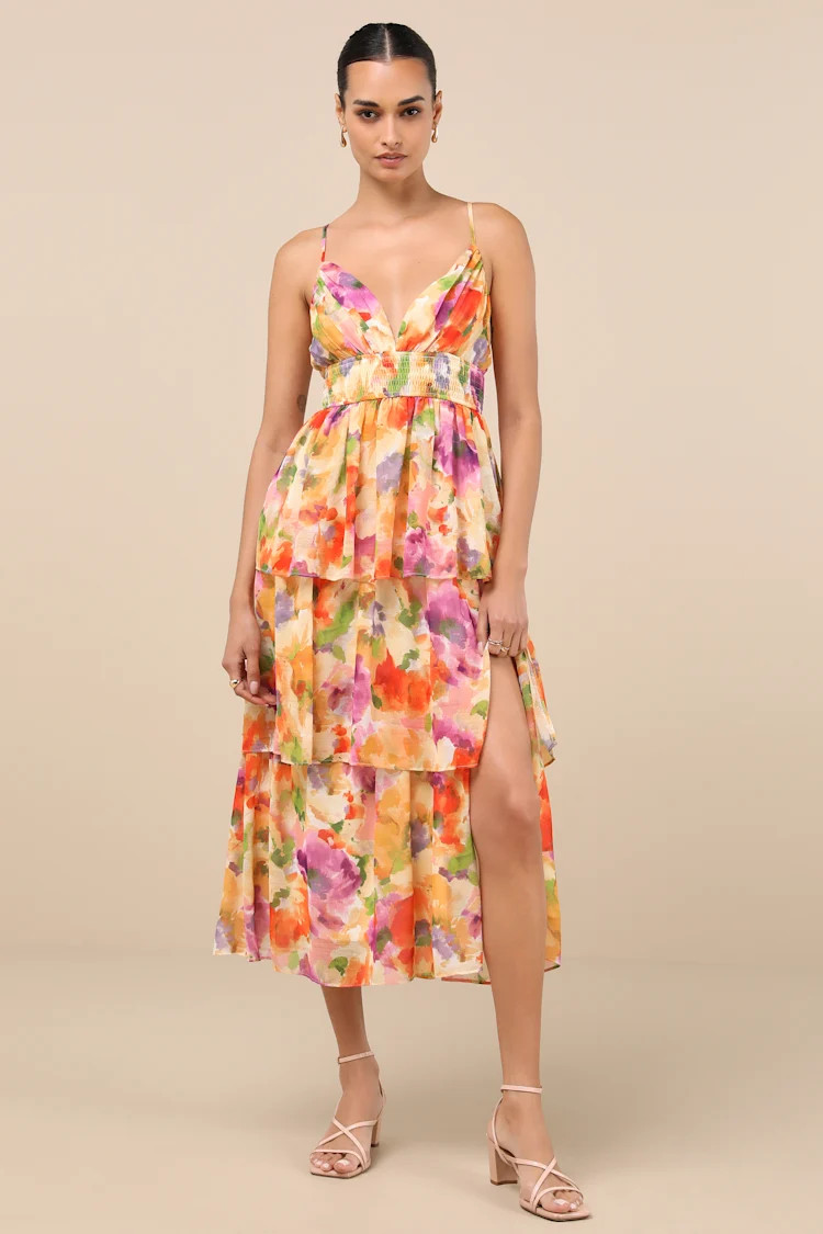 Olesia Yellow Abstract Floral Print Tiered Midi Dress | Lulus